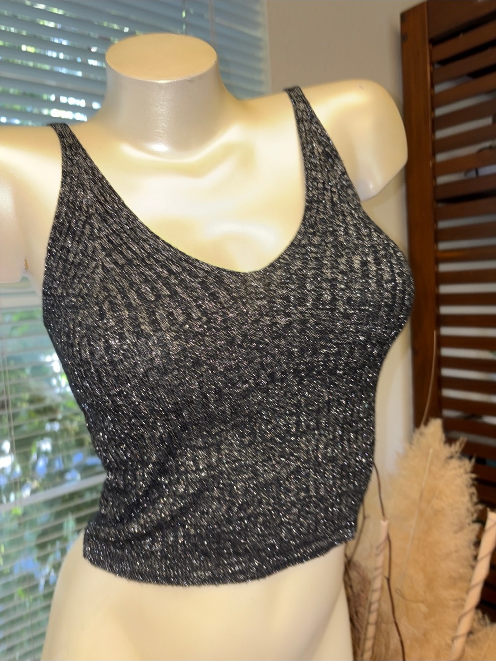 Source Unknown Metallic Black Ribbed Cami